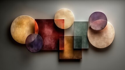 Abstract wall art with textured circles and squares in warm hues, modern artistic composition ideal for home decor, editorial layouts, or graphic design projects.