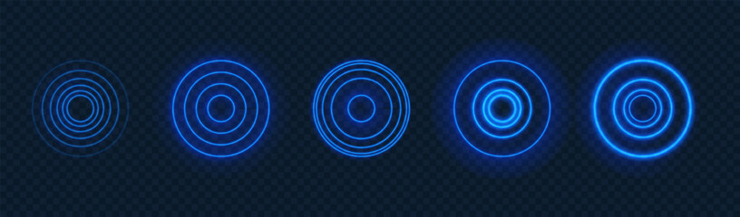 Sound wave rings. Glowing radar circle. Light wave, blue neon concentric ripple. Wi-fi signal digital vector background