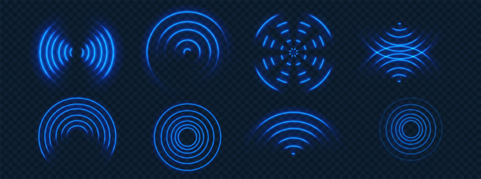 Blue neon sound wave rings. Blue wi-fi wave. Glowing radar circle light effect. Concentric signal vector