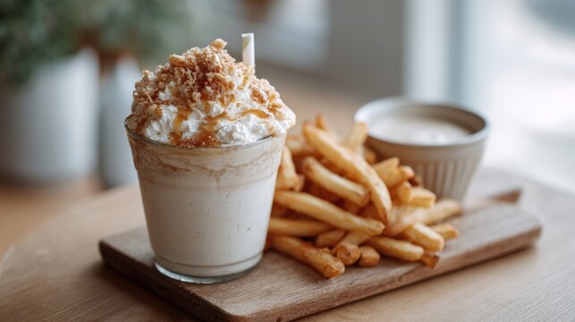 Glass of milkshake with a dollop of whipped cream on top. the glass is placed on a wooden cutting board with a pile of french fries next to it.