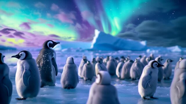 A vivid, animated penguin scene set against a backdrop of a serene snowy landscape with a radiant aurora borealis. The penguins are depicted in a closeup shot.