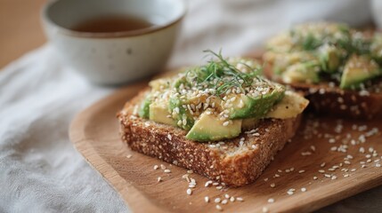 Two slices of bread on a wooden cutting board. the bread appears to be toasted and has a golden brown crust. on top of the bread, there is a generous amount of avocado and a sprinkle of sesame seeds.