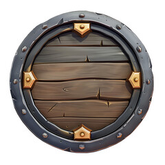 A round wooden shield with a dark metal rim and golden brackets, isolated on a white background.
