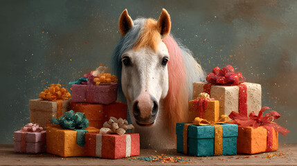 Glossy Pastel Unicorn Surrounded by Colorful Gift Boxes – Festive Celebration Illustration