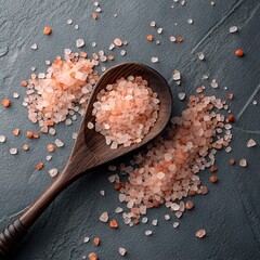 Himalayan Pink Salt Crystals on Wooden Spoon Close-Up