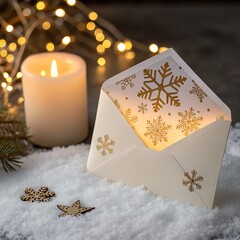 Cozy Christmas Candle with Golden Snowflake Envelope on Snowy Table