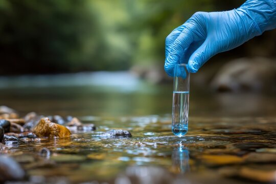 A close-up shot captures a gloved hand carefully immersing a test tube into a natural stream, collecting a clear water sample. The vibrant blue protective glove contrasts with the serene, blurred gree