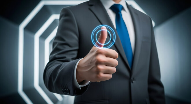 Man in suit gives thumbs up with futuristic digital fingerprint scan overlay