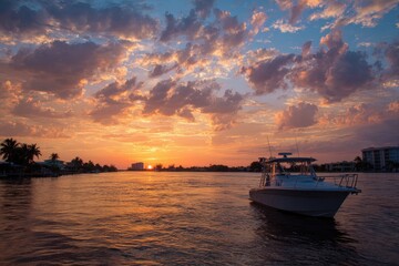 Obraz premium Serene Moments in Cape Coral, Florida: Vibrant Sunset Over Tranquil Waters with Boats and Colorful Skies