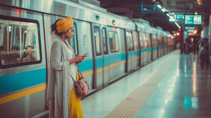 Modern Indian woman using smartphone at metro station — symbolizing technology, connectivity, and urban independence.