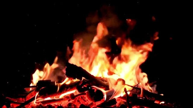 a fire burning brightly in the darkness of night. Orange and red flames dance above the charred wood, emitting a warm glow and the soft crackle of smoldering embers.
