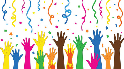 Colorful confetti and hands raised up celebrating