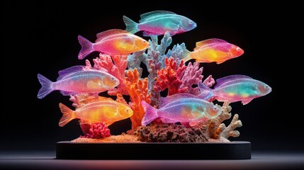 Vibrant fish and coral reef artwork showcases a colorful underwater scene in a dynamic display.
