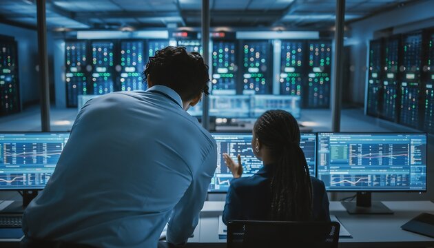 Two data scientists analyzing graphs in a server room.