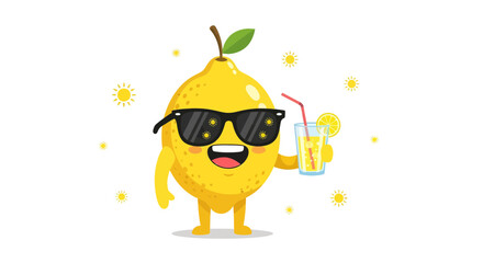 Summer Vibe Lemon Character with Sunglasses Drinks Refreshing Lemonade in the Sun