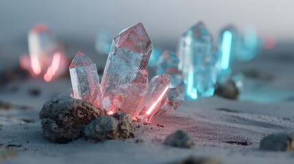 Radiant crystals, illuminated by vibrant neon light, rest nestled amongst the sandy terrain.