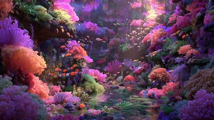 Vibrant coral reef teeming with colorful fish in a luminous underwater scene.