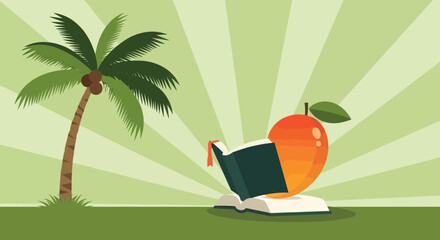 Sunlit Tropical Paradise: Mango Reading Under a Palm Tree, Peaceful Reading