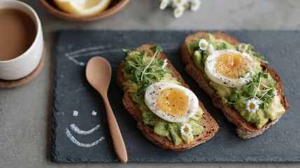 Two slices of toast with a poached egg on top. the toast is on a black slate board with a smiley face drawn on it. the egg is cooked sunny-side up and has a runny yolk.