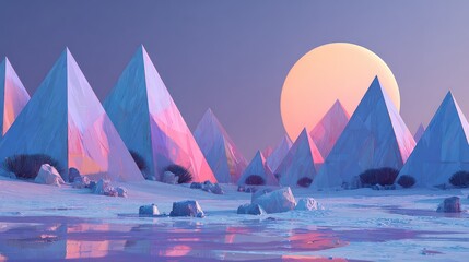 A serene, otherworldly landscape showcases numerous pyramids of a cool, pastel blue, illuminated by a large, pale orange-pink sun, creating a tranquil and dreamlike atmosphere.