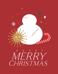 Christmas poster with cartoon snowflake snowman candy drawing in cute smiling style with color on red background