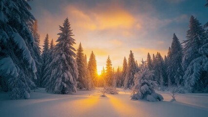 4K time lapse of sunrise over snow covered forest with golden sky peaceful mood and winter beauty perfect for nature branding relaxation videos and seasonal backgrounds - Powered by Adobe