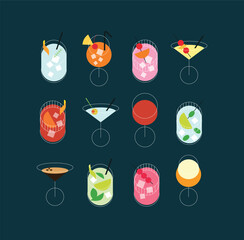 Cocktails set margarita, mojito, martini, old fashioned, cosmopolitan, bloody mary, whiskey sour, mai tai, pina colada, negroni drawing in minimalist line style on turquoise background