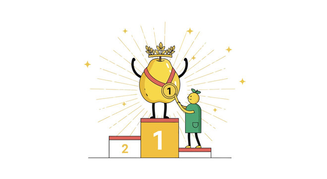 Triumphant Pear Celebrates Victory on Podium with Medal and Crown in Whimsical Style