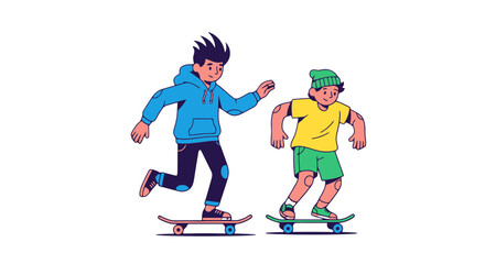 Fototapeta premium Two Friends Enjoying Skateboarding Drawn on Black Background in Vivid Cartoon Fashion