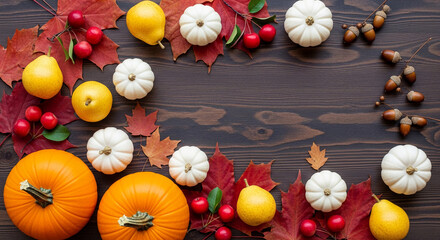 Arrangement of pumpkin, pear, maple leaf, acorn and cranberry on wooden background, creating autumn composition, representing season, harvest and Thanksgiving