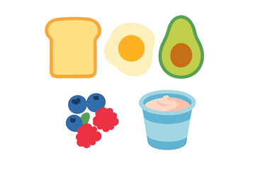 Healthy breakfast components set including toast, fried egg, avocado, berries, and yogurt