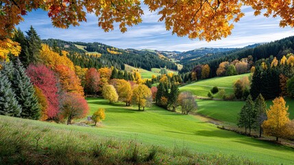 Fototapeta premium Autumn landscape with colorful trees, green meadow, blue sky, and forest hills, scenic nature background in fall season, vibrant foliage and idyllic countryside vista