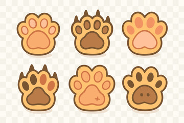 Set of adorable cartoon animal paw prints showing various shapes and claws
