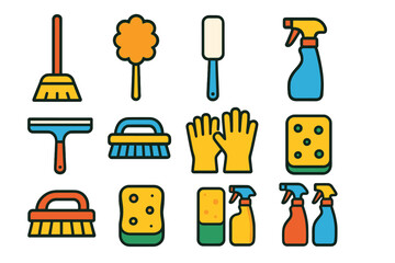 Colorful set of household cleaning tools and equipment including brooms, brushes, sponges, and spray bottles