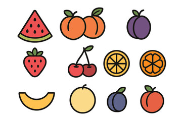 Colorful set of fresh summer fruits and berries icons in a simple outline style