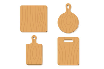 Set of four wooden cutting boards in various shapes for kitchen preparation
