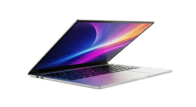 Sleek silver laptop displaying vibrant abstract wallpaper on black background