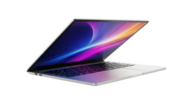 Sleek silver laptop displaying vibrant abstract wallpaper on black background