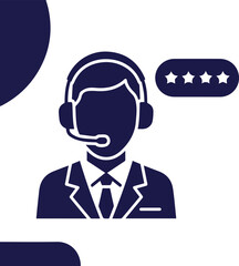 Create Business support icon vector male customer care service person profile avatar with a headphone and a star rating for online assistant in glyph pictogram illustration.