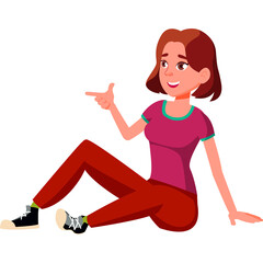 Young Woman Sitting on Transparent Background Pointing Finger Smiling Wearing Maroon T Shirt and Red Pants Casual Style