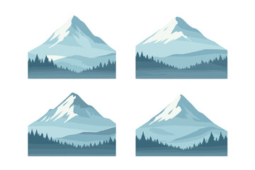 Stylized alpine mountain range landscapes with snow caps and dense coniferous forest silhouettes © Alan
