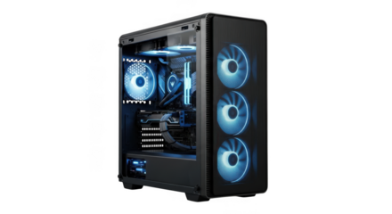 Sleek black computer tower with vibrant blue led lighting