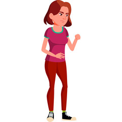 Young Woman Standing With Angry Expression Red Pants Purple Shirt Black Sneakers White Background Simple Cartoon Vector Art