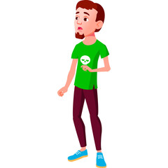 Young Man With Brown Hair And Beard Wearing A Green T Shirt With Skull Graphic And Dark Pants Standing On A White Background With A Surprise Expression