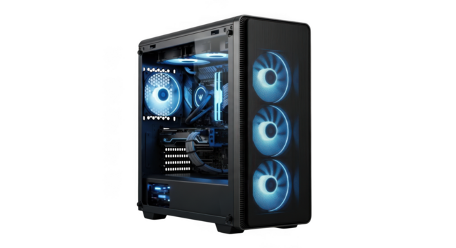 Sleek black computer tower with vibrant blue led lighting