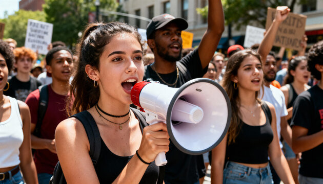 A determined young woman shouting through a megaphone in a crowded march, symbolizing activism, empowerment, and the collective strength of people standing together for justice and equal rights.