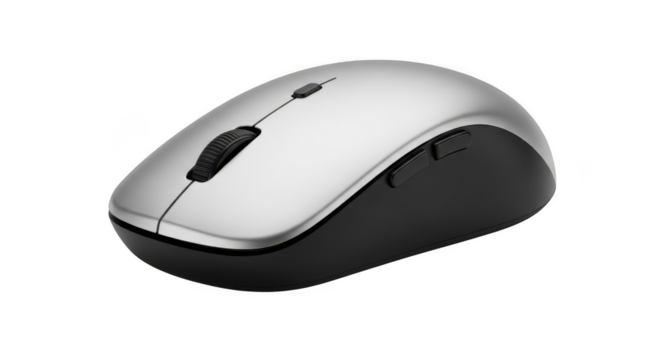 Sleek silver and black wireless computer mouse on a black background