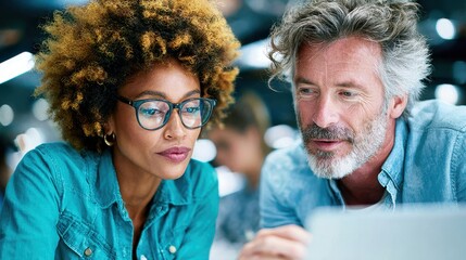 Diverse business team working together, collaboration on project, teamwork in modern office, woman and man looking at laptop screen, business meeting, focus and concentration