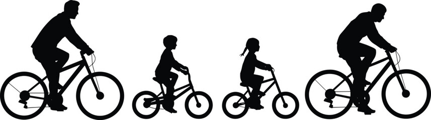 Family of four cycling together, silhouette of a mother, father, son, and daughter riding bicycles, healthy family activity, outdoor recreation.