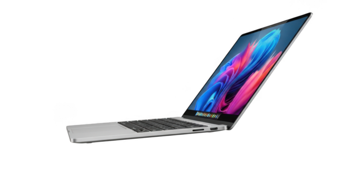 Sleek modern laptop displaying vibrant abstract wallpaper on black background